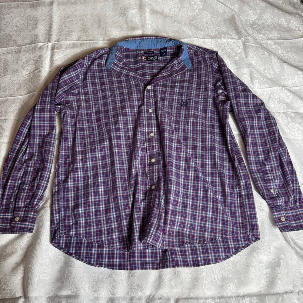 Men's Chaps Casual Button Down Shirt L Purple Blue Plaid